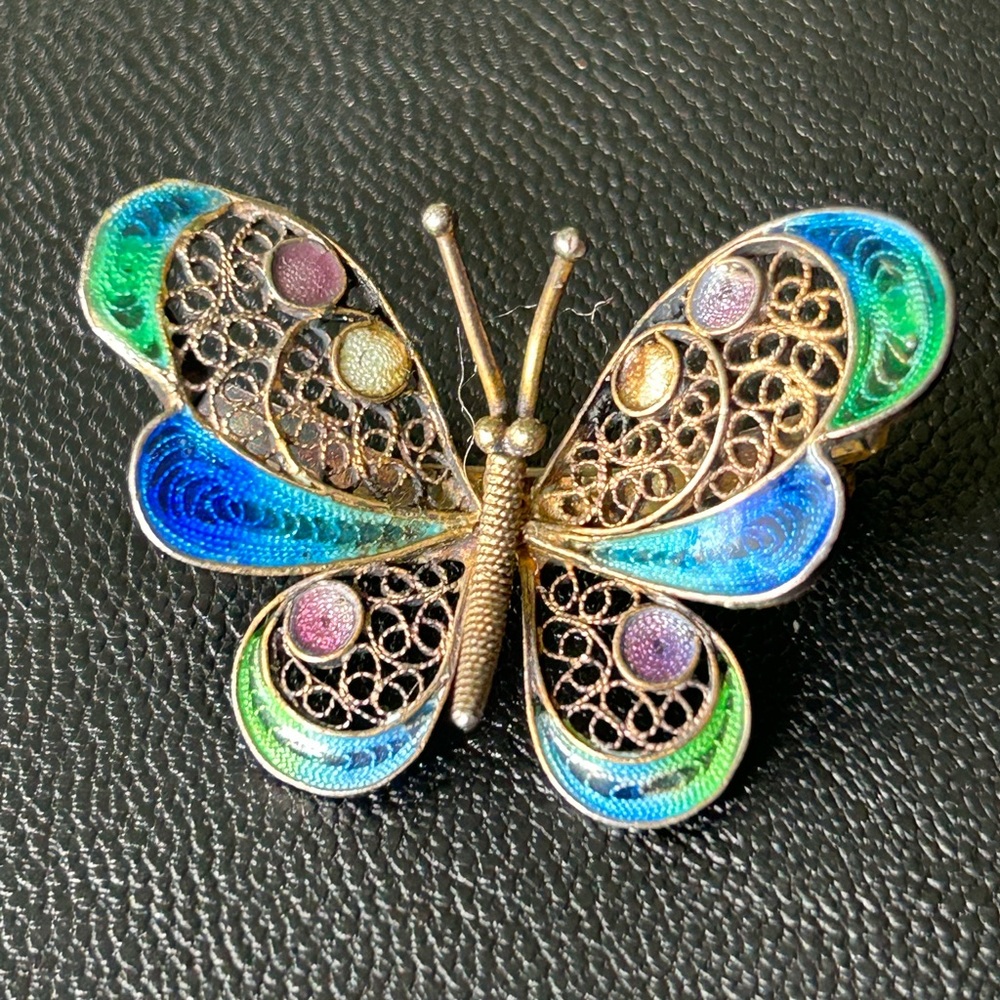 Antique 800 sterling silver butterfly with enamel paint, detail